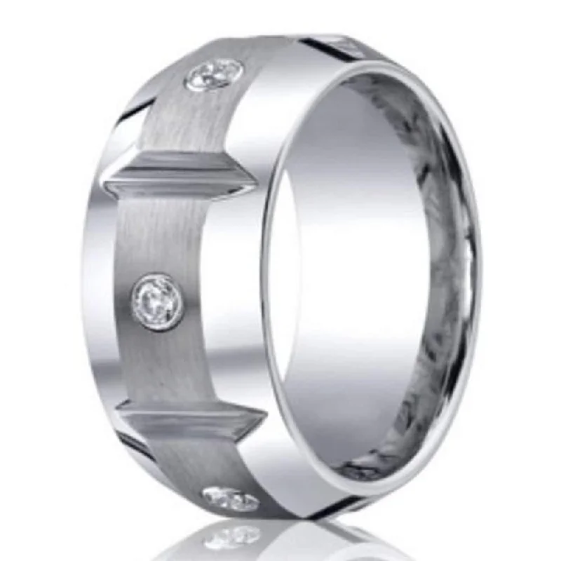 Women’s pear-shaped engagement rings-10mm Cobalt Chrome Men's Grooved Wedding Ring with Diamonds