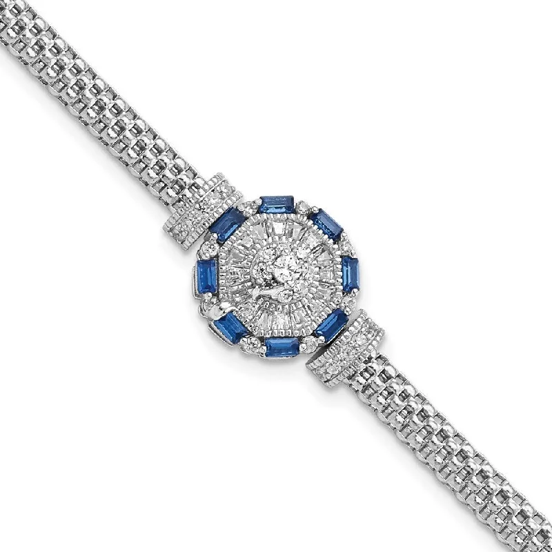 Women’s sparkling bracelets-925 Sterling Silver Rhodium-plated Blue & White Cubic Zirconia Bracelet, 7" (W-3.97mm)