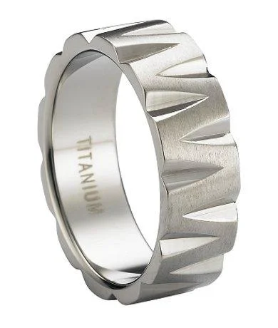 Women’s modern engagement rings-Polished Titanium Wedding Ring with Chiseled Design | 8mm