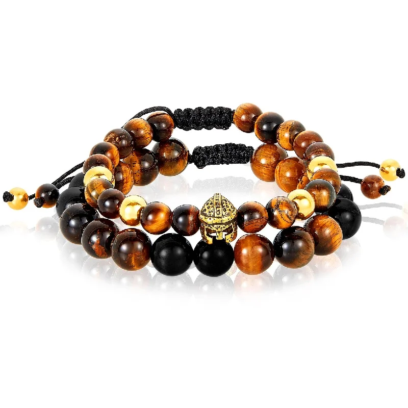 Women’s beaded bracelets-Men's Stainless Steel and Natural Stone Adjustable Bracelet Set