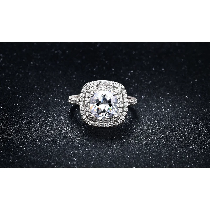 Women’s titanium rings-Dual Row Micropave Halo Ring In 18K White Gold