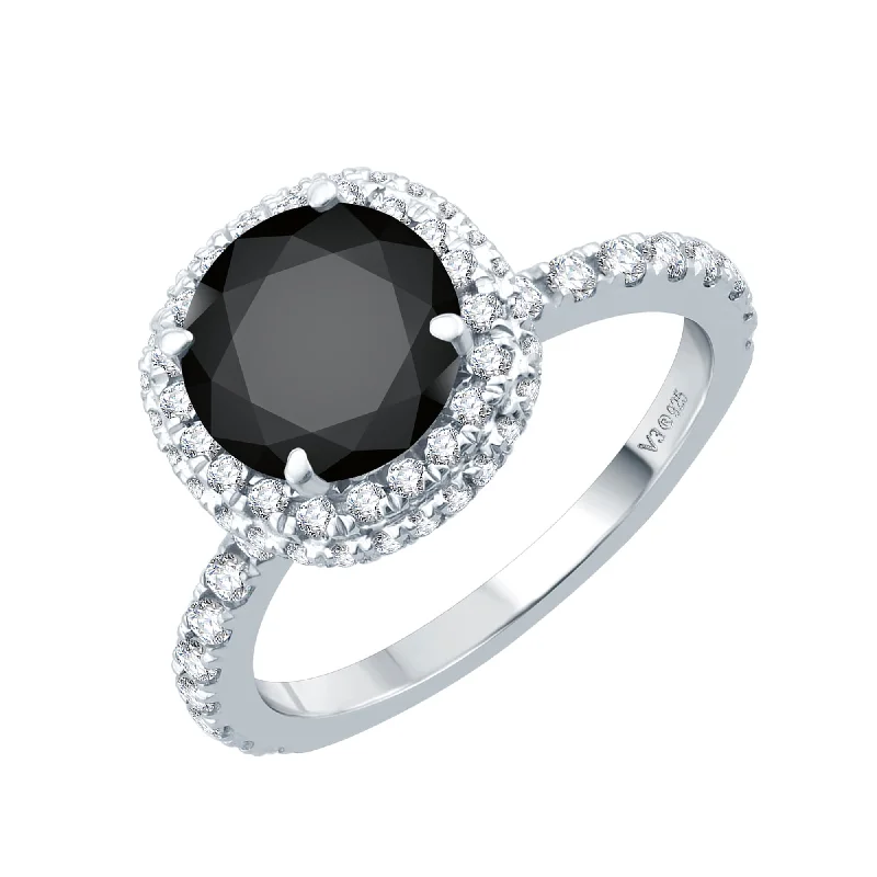 Sterling Silver Natural Black Diamond Halo Ring