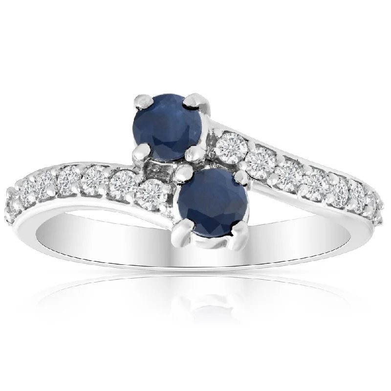 1Ct Blue Sapphire & Diamond Two Stone Forever us Ring 14k White Gold