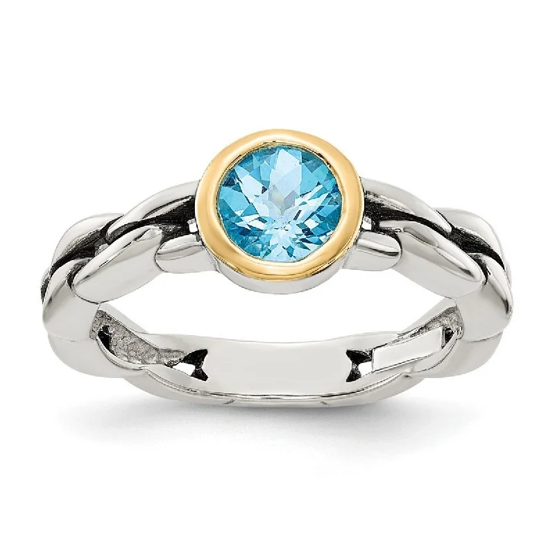 Curata 925 Sterling Silver Bezel Polished Open back 14k Yellow 6mm Round Sky Blue Topaz Ring