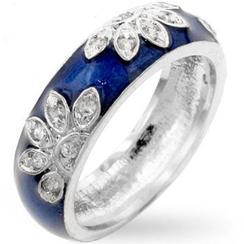 Women’s statement gemstone rings-Blue Rhodium Enamel Cubic Zirconia Leaf Ring