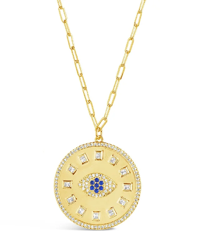 Women’s modern necklaces-Evil Eye CZ Sun Dial Coin Pendant Necklace