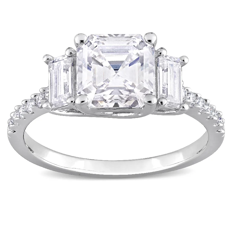 Women’s diamond cluster rings-Miadora 2 5/8ct DEW Octagon Asscher-Cut Baguette-Cut and Created Moissanite 3-Stone Ring in Sterling Silver