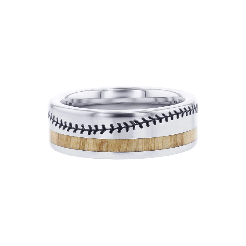 Women’s double band engagement rings-Howard Baseball Wood Inlay Wedding Ring