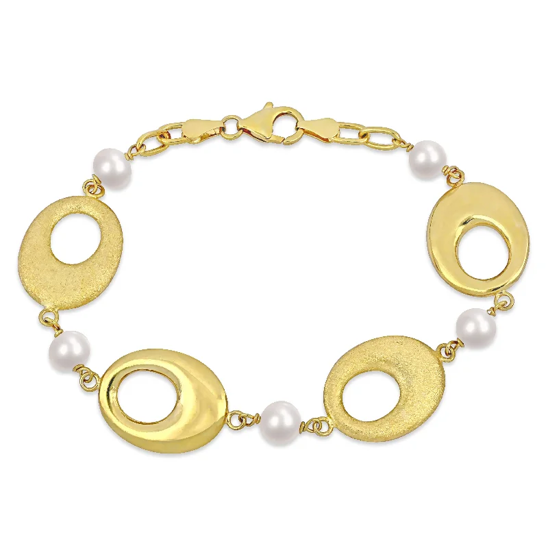 Women’s adjustable bracelets-Miadora Cultured Freshwater Pearl Oval Disc Station Chain Bracelet Yellow Silver