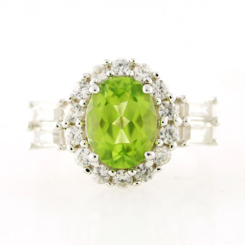 Women’s square rings-Sterling Silver Peridot White Zircon Halo Ring