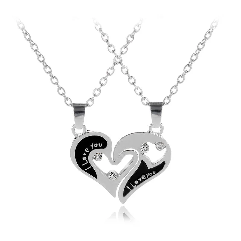 Women’s cute necklaces-Fashion Heart Shape Alloy Spray Paint Polishing Inlay Zircon Unisex Pendant Necklace 1 Set