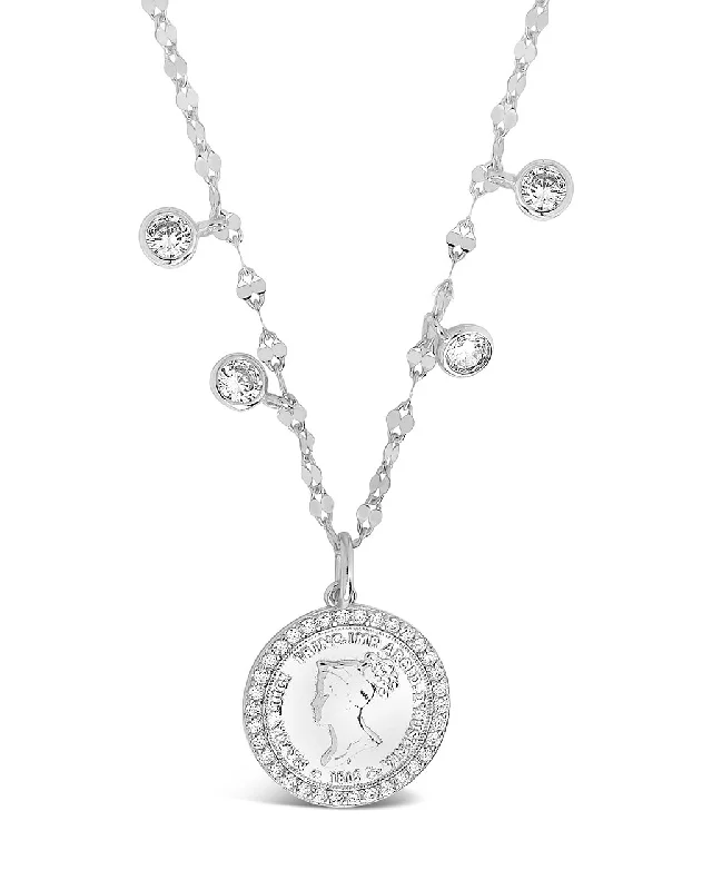 Women’s stylish necklaces-Sterling Silver Coin Medallion & Bezel CZ Charm Necklace