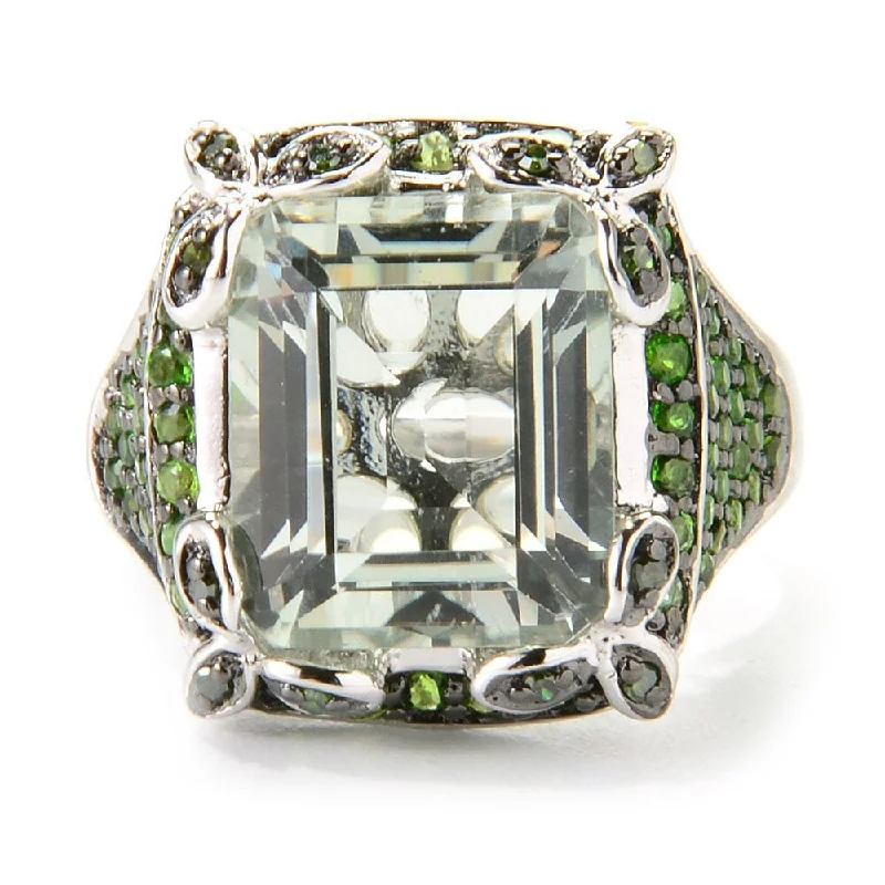 Women’s small rings-Sterling Silver Emerald Cut 7.11ctw Green Amethyst/ Chrome Diopside/ Diamond Ring