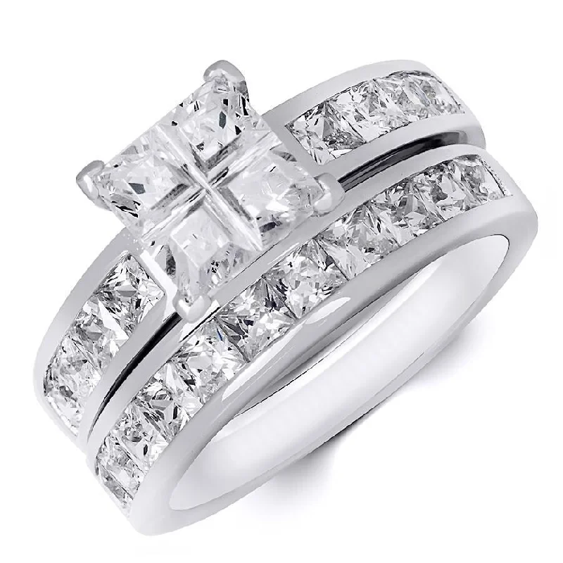 Women’s classic diamond rings-Sterling Silver 3.5 CT Cubic Zirconia Princess Cut Bridal Ring Set