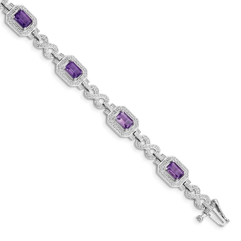 Women’s beaded bracelets-Curata 925 Sterling Silver Textured Polished Box Catch Closure Diamond and Amethyst Bracelet